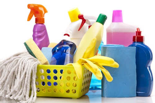 Professional carpet cleaning team following safety procedures