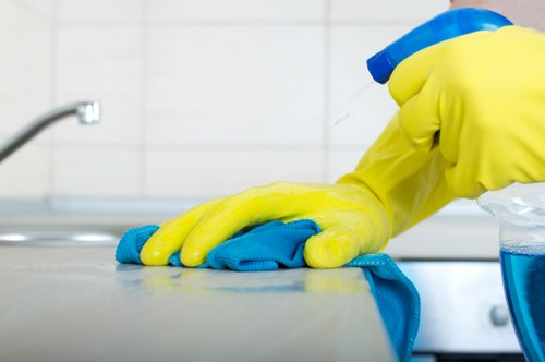 Cleaner treating a fabric sofa with professional upholstery tools
