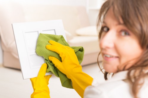Upholstery cleaning equipment used on a living room sofa